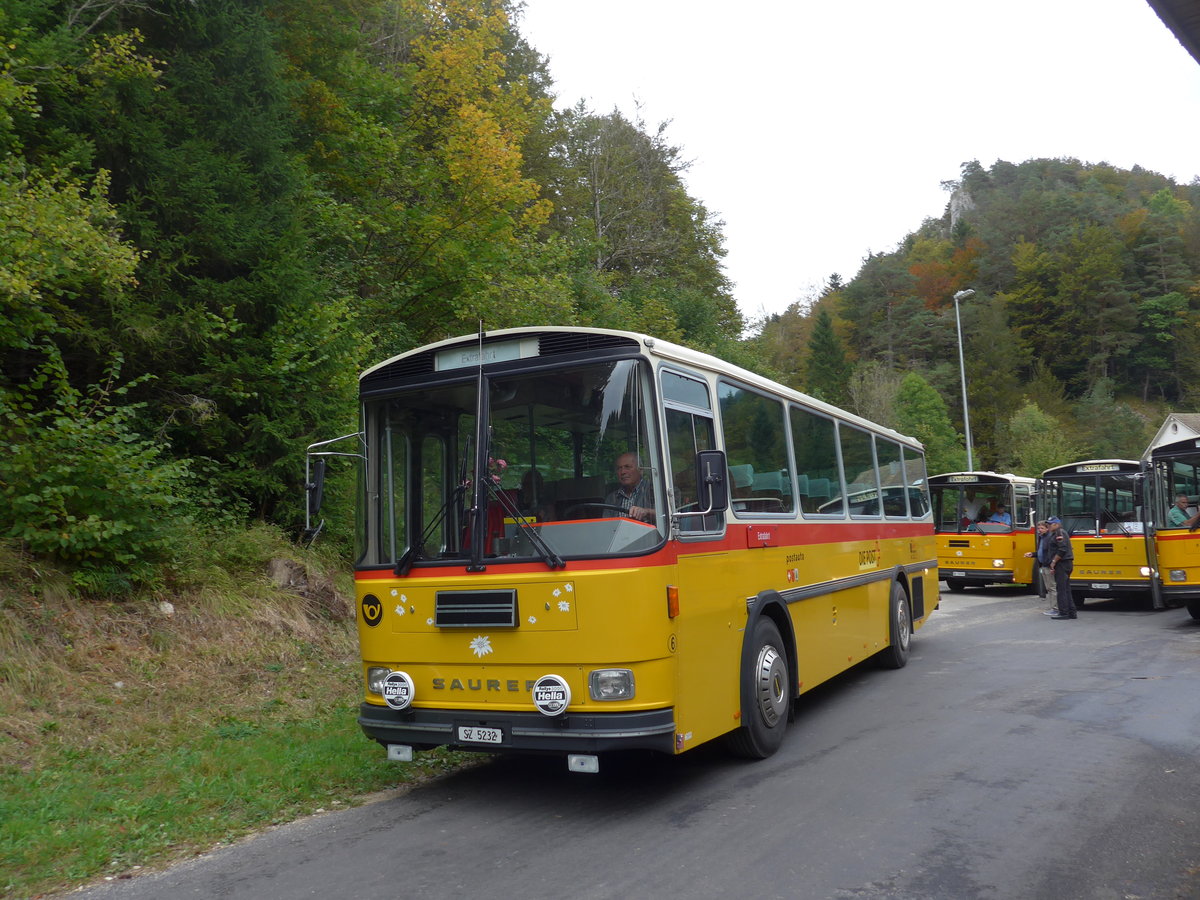 (175'360) - Fssler, Unteriberg - Nr. 6/SZ 5232 - Saurer/R&J (ex Schrch, Gutenburg Nr. 6; ex P 24'358) am 2. Oktober 2016 in Schelten, Restaurant Scheltenmhle