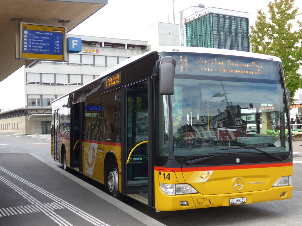 (175'492) - CarPostal Ouest - Nr. 14/JU 65'081 - Mercedes am 7. Oktober 2016 beim Bahnhof Delmont