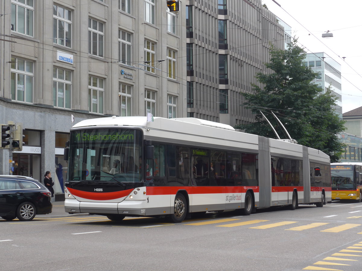 (175'638) - St. Gallerbus, St. Gallen - Nr. 191 - Hess/Hess Doppelgelenktrolleybus am 15. Oktober 2016 beim Bahnhof St. Gallen