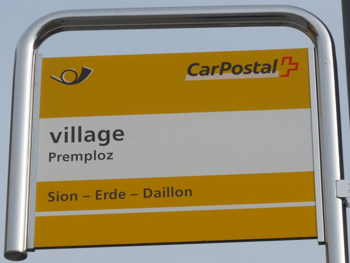 (176'741) - PostAuto-Haltestellenschild - Premploz, village - am 26. November 2016