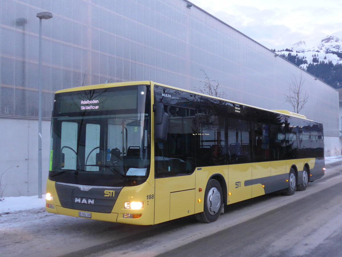 (177'613) - STI Thun - Nr. 188/BE 804'188 - MAN am 7. Januar 2017 beim Bahnhof Frutigen