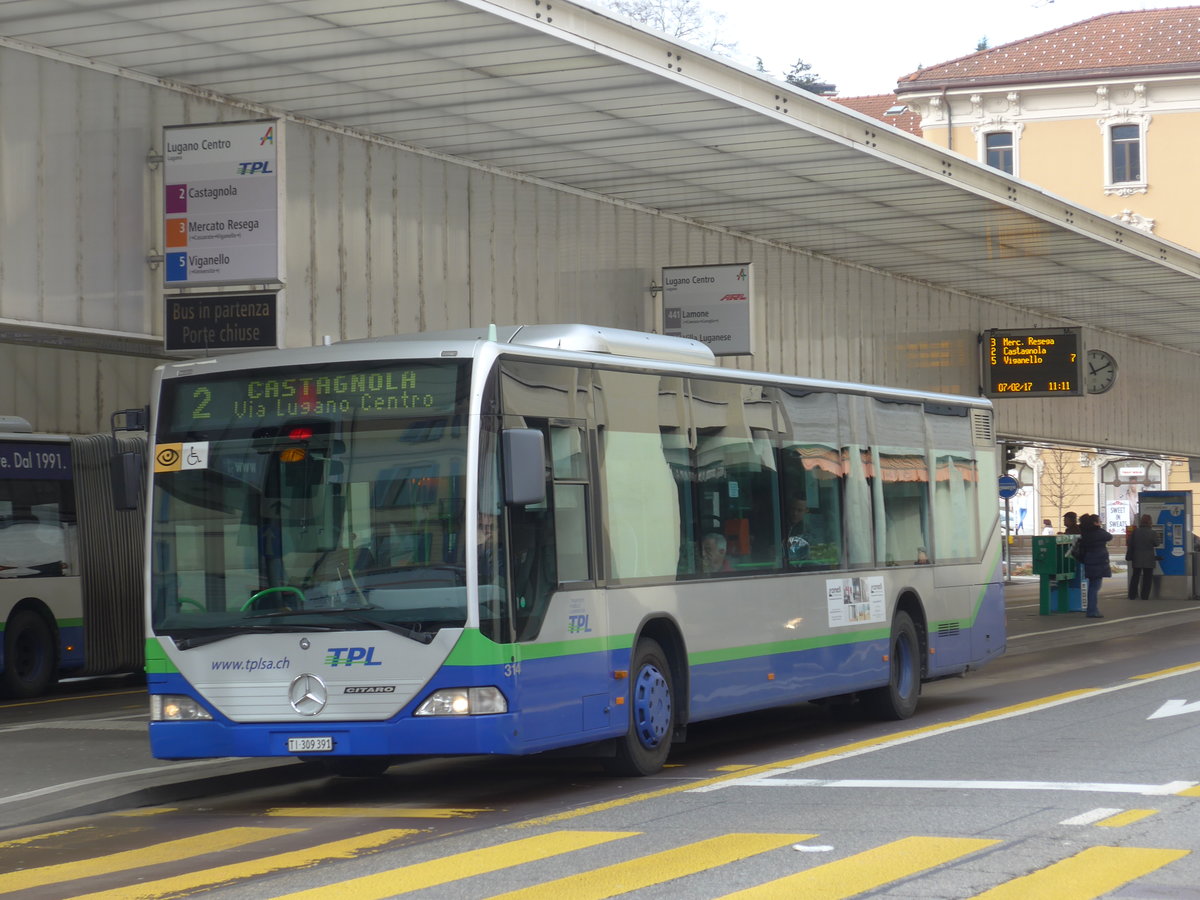 (178'293) - TPL Lugano - Nr. 314/TI 309'391 - Mercedes (ex Nr. 13) am 7. Februar 2017 in Lugano, Centro