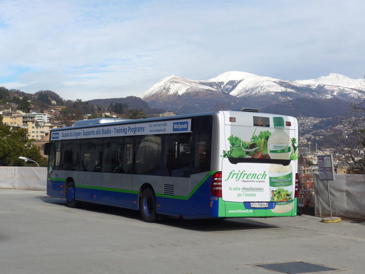 (178'346) - TPL Lugano - Nr. 309/TI 75'804 - Mercedes am 7. Februar 2017 beim Bahnhof Lugano