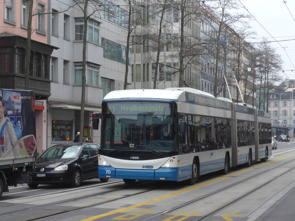 (178'484) - VBZ Zrich - Nr. 70 - Hess/Hess Doppelgelenktrolleybus am 10. Februar 2017 in Zrich, Lwenstrasse