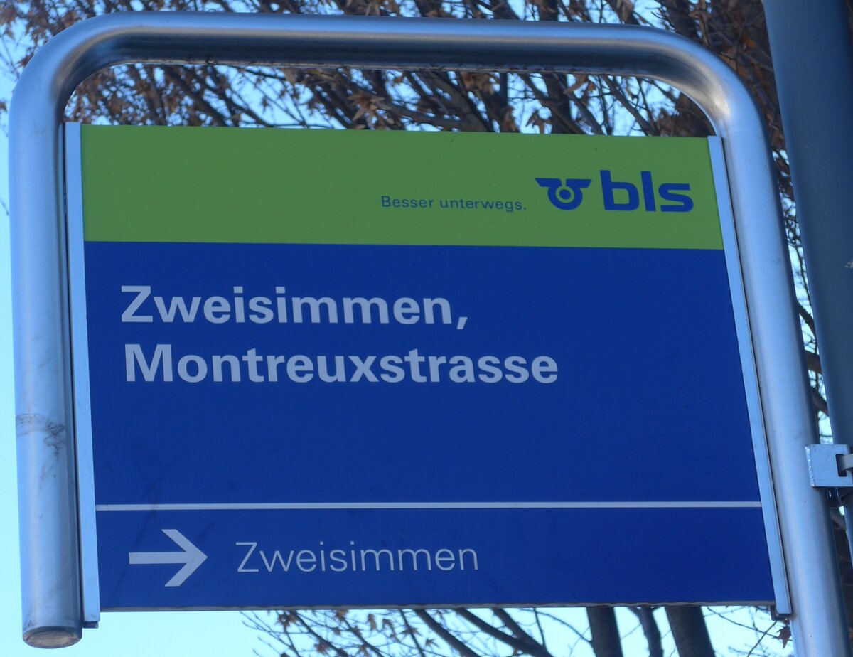 (178'661) - bls-Haltestellenschild - Zweisimmen, Montreuxstrasse - am 19. Februar 2017