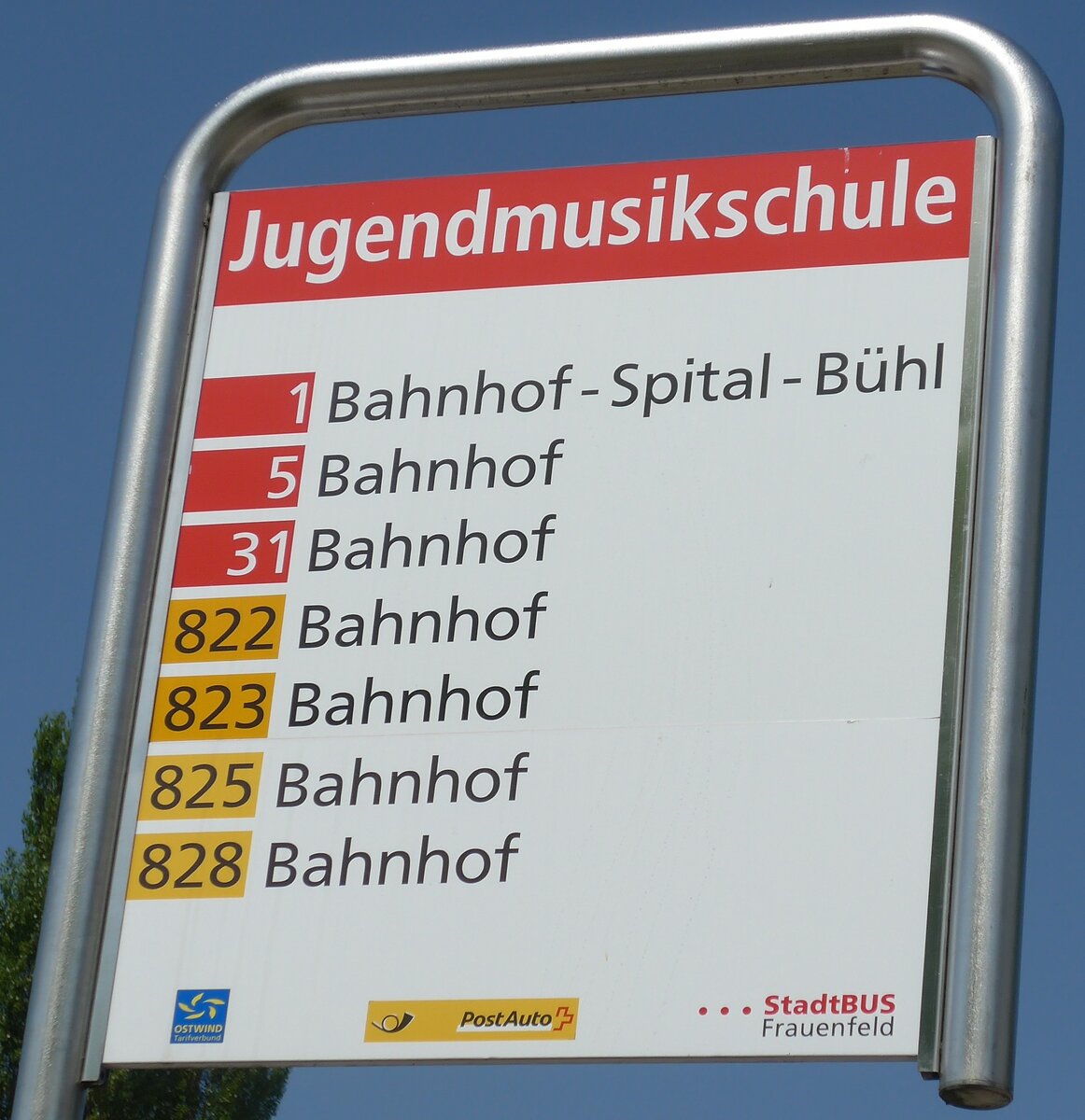 (182'600) - PostAuto/StadtBUS-Haltestellenschild - Frauenfeld, Jugendmusikschule - am 3. August 2017