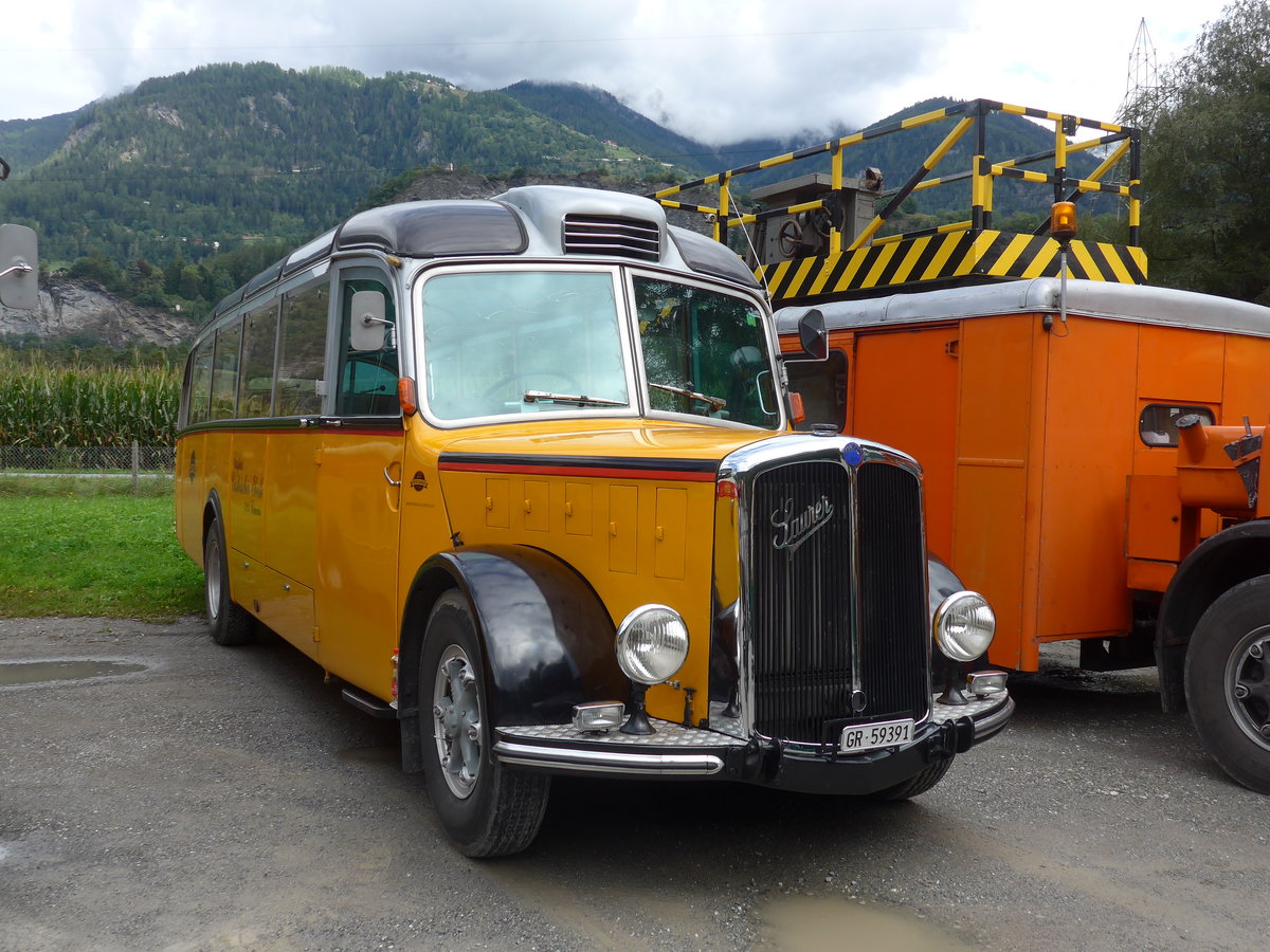 (185'021) - Castrischer, Trimmis - GR 59'391 - Saurer/Gangloff (ex Volkart, Zollikon; ex Funi-Car, Biel; ex M+79'534; ex P 23'126; ex P 2193) am 16. September 2017 in Cazis, Bndner Arena