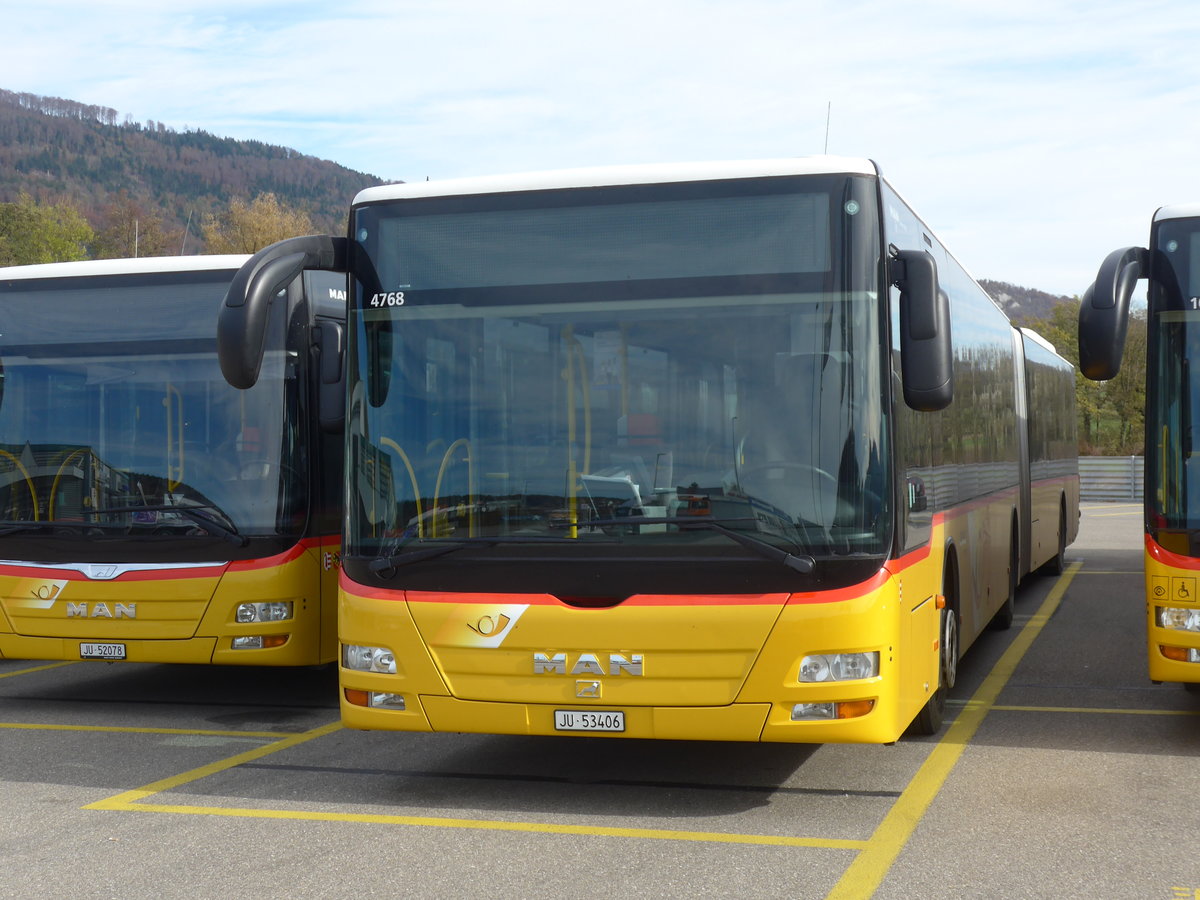 (186'014) - CarPostal Ouest - JU 53'406 - MAN (ex Nr. 36) am 21. Oktober 2017 in Develier, Parkplatz