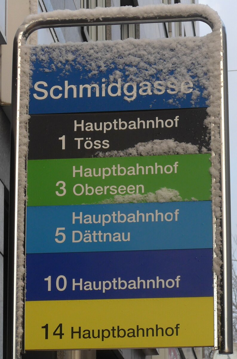 (186'914) - SBW-Haltestellenschild - Winterthur, Schmidgasse - am 9. Dezember 2017