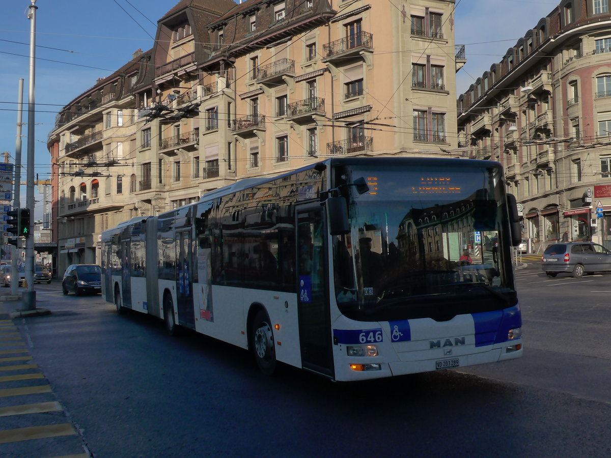 (187'126) - TL Lausanne - Nr. 646/VD 203'289 - MAN am 23. Dezember 2017 in Lausanne, Chauderon