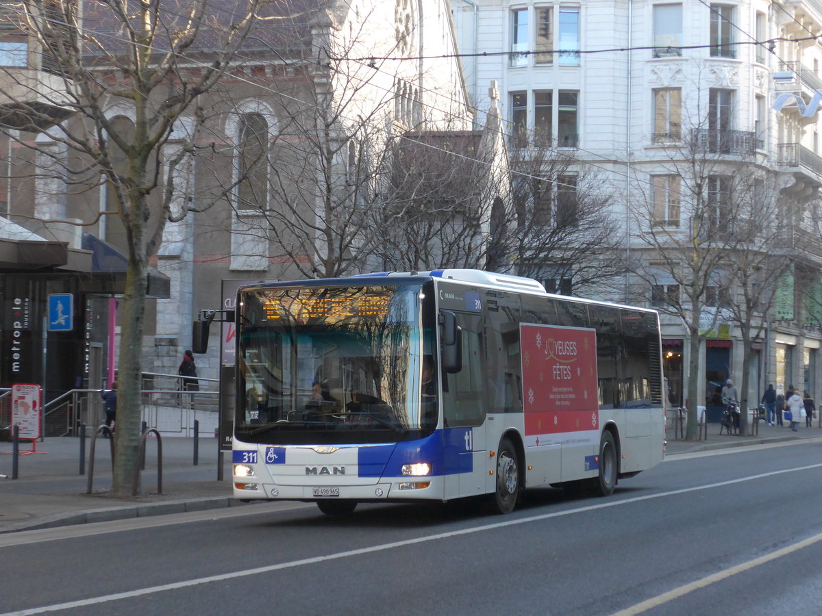 (187'176) - TL Lausanne - Nr. 311/VD 490'965 - MAN am 23. Dezember 2017 in Lausanne, Chauderon