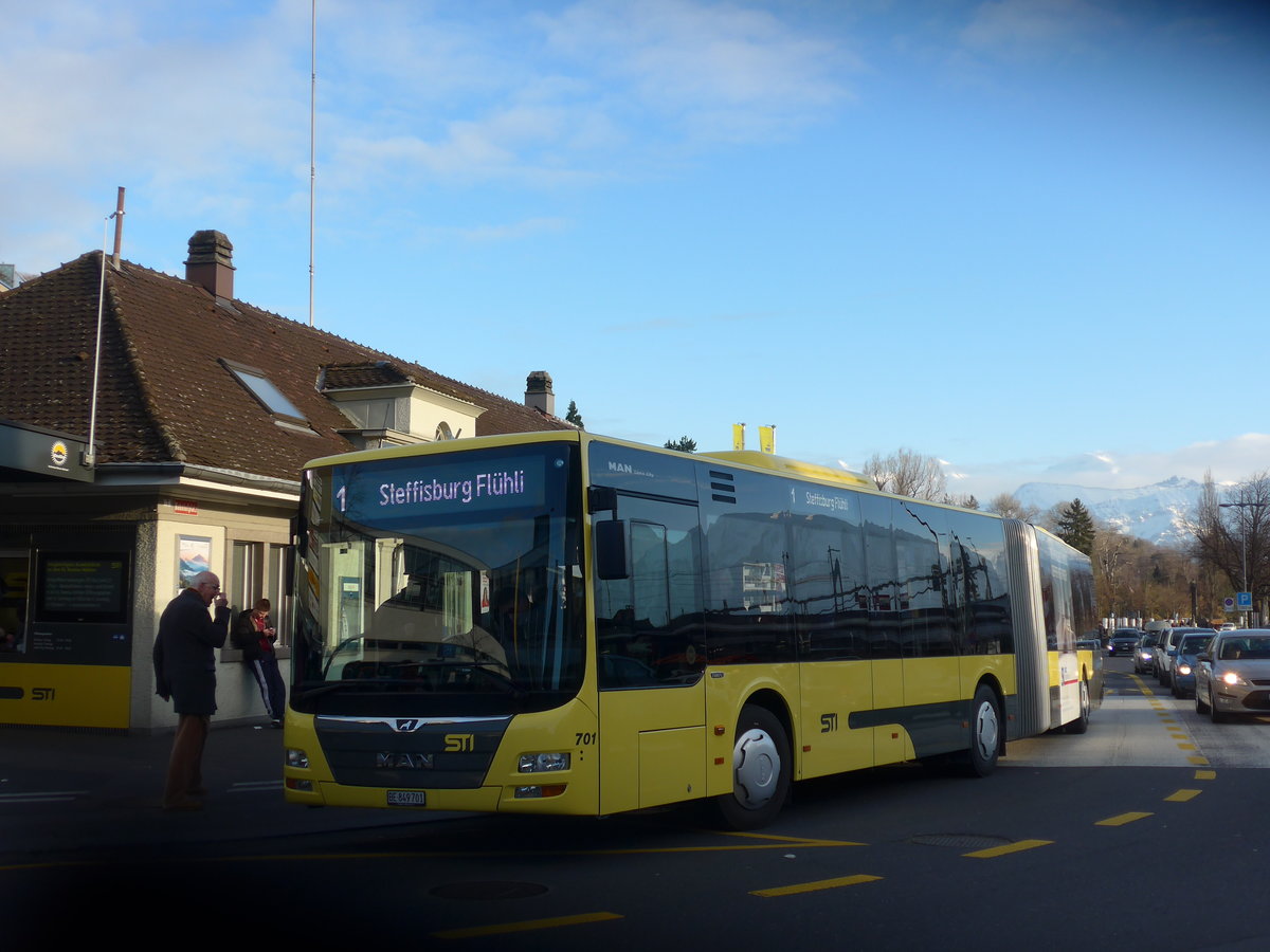 (188'089) - STI Thun - Nr. 701/BE 849'701 - MAN am 28. Januar 2018 beim Bahnhof Thun