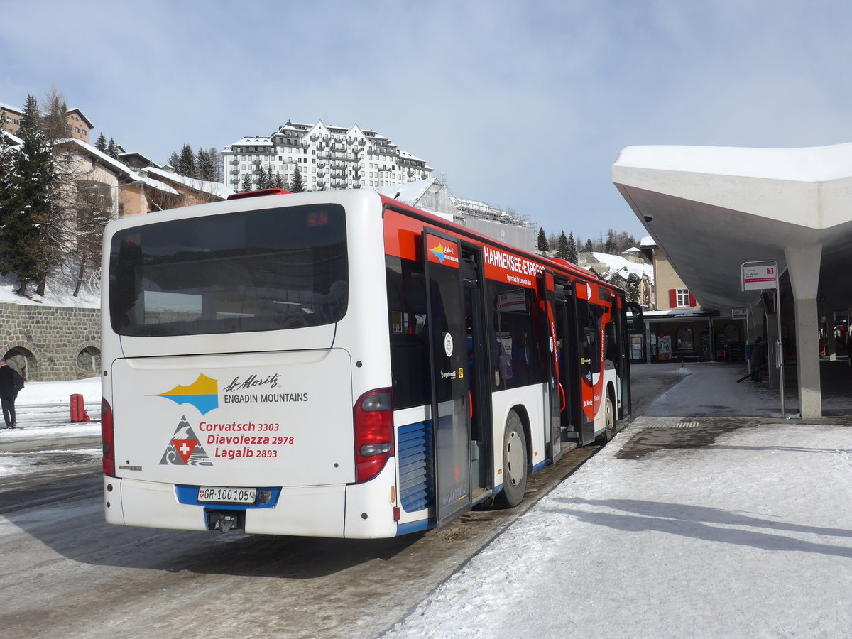 (188'124) - SBC Chur - Nr. 105/GR 100'105 - Setra am 3. Februar 2018 beim Bahnhof St. Moritz