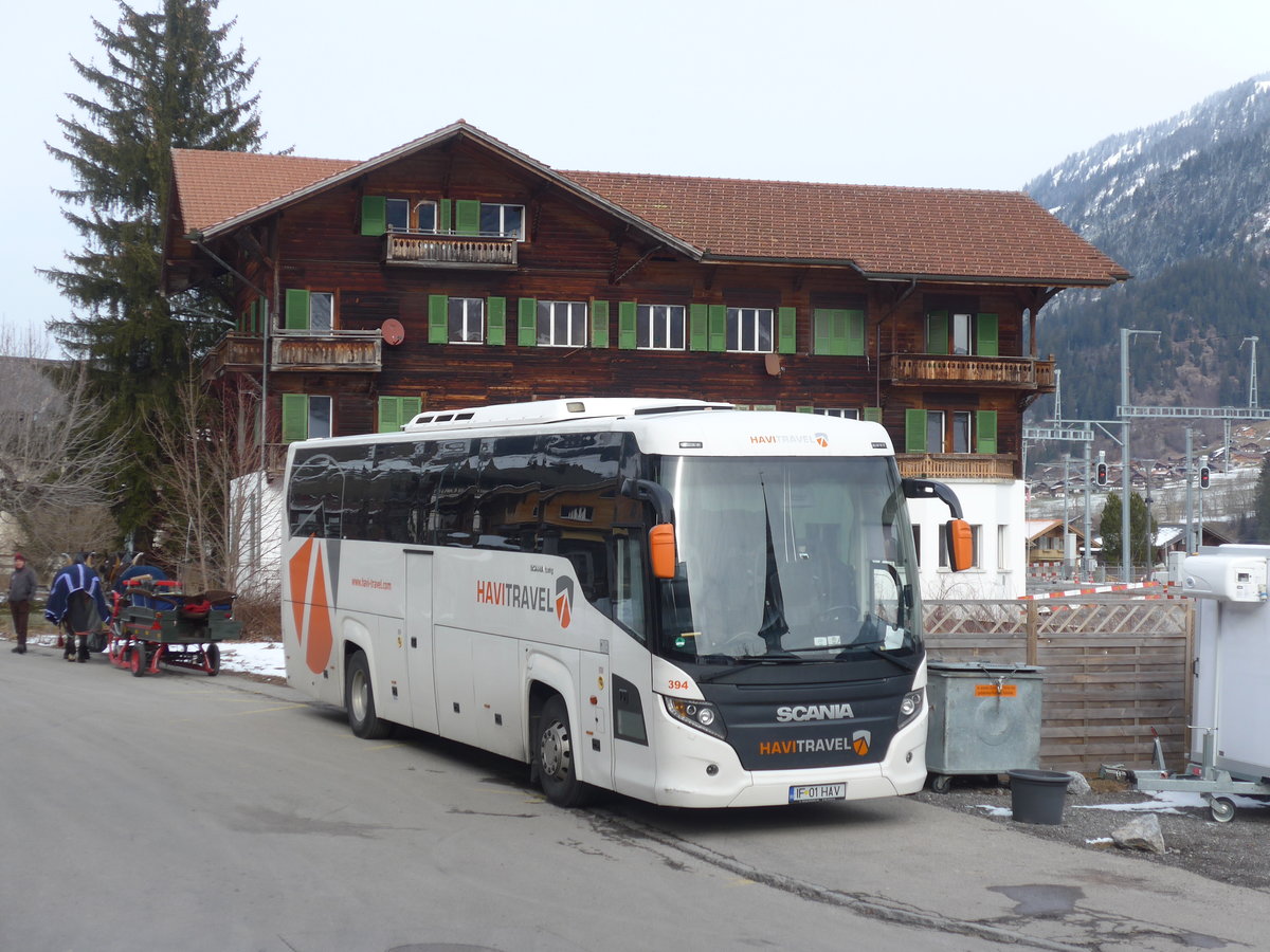 (188'199) - Aus Rumnien: Havi Travel, Tirgu-Mures - Nr. 394/IF 01 HAV - Scania/Higer am 4. Februar 2018 beim Bahnhof Zweisimmen