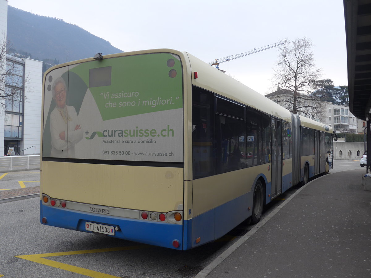 (188'823) - FART Locarno - Nr. 8/TI 41'508 - Solaris am 17. Februar 2018 beim Bahnhof Locarno