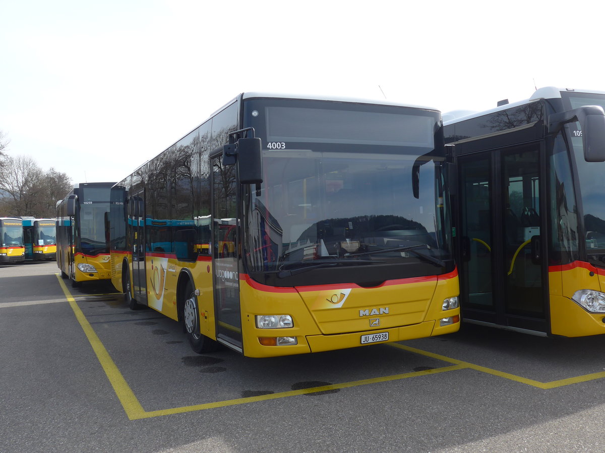 (189'895) - CarPostal Ouest - JU 65'938 - MAN/Gppel (ex Nr. 12; ex CJ Tramelan Nr. 204) am 2. April 2018 in Develier, Parkplatz