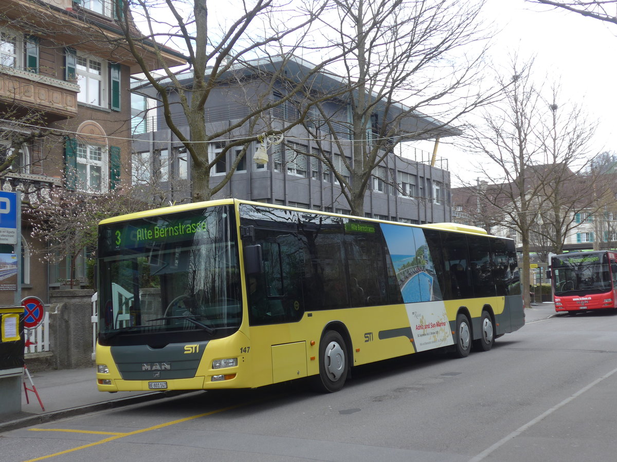 (190'094) - STI Thun - Nr. 147/BE 801'147 - MAN am 9. April 2018 beim Bahnhof Thun (prov. Haltestelle)