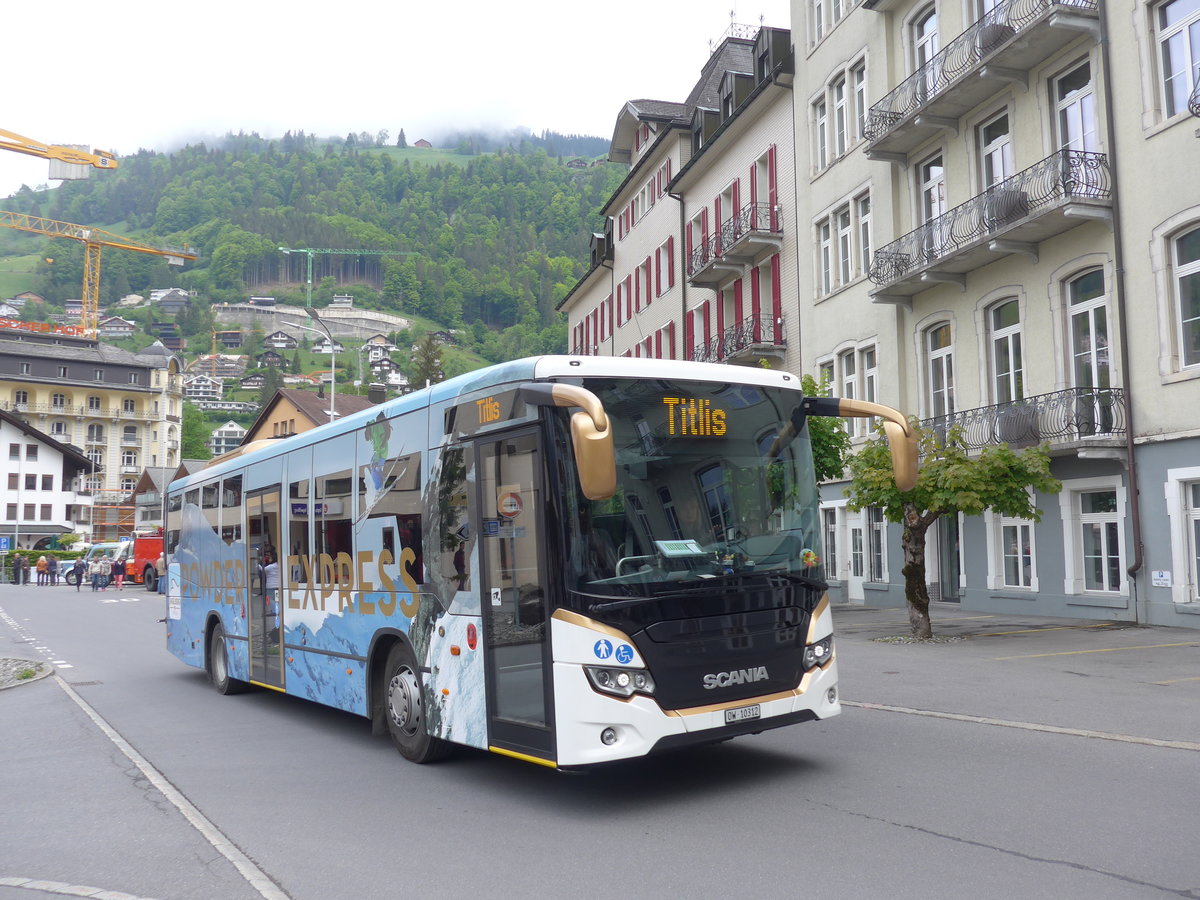 (193'138) - EAB Engelberg - Nr. 7/OW 10'312 - Scania am 20. Mai 2018 beim Bahnhof Engelberg