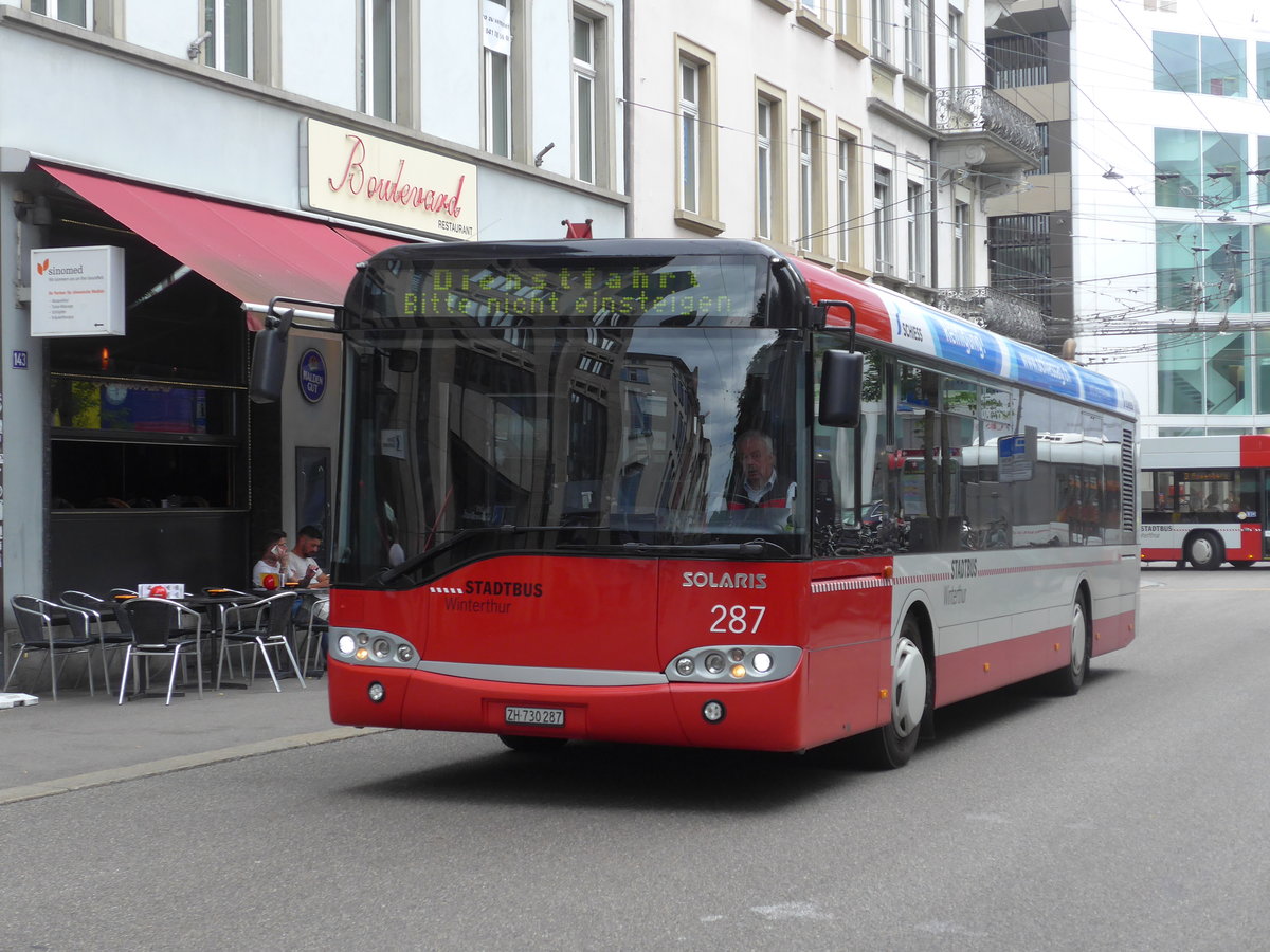 (194'093) - SW Winterthur - Nr. 287/ZH 730'287 - Solaris am 17. Juni 2018 beim Hauptbahnhof Winterthur