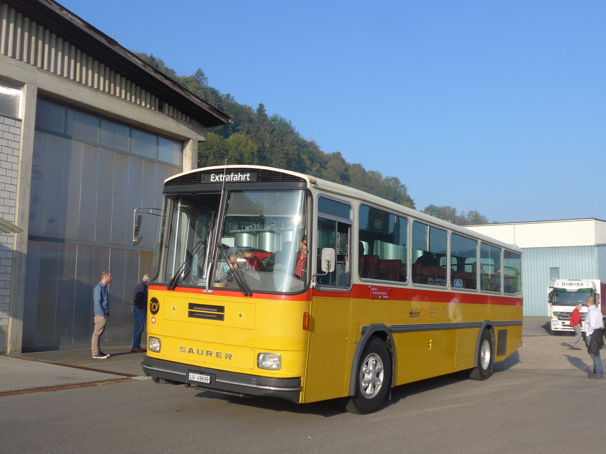 (197'988) - Huber, Oberkirch - LU 49'699 - Saurer/R&J (ex Frigg, Zernez; ex P 24'283) am 30. September 2018 in Willisau, Altes Zeughaus