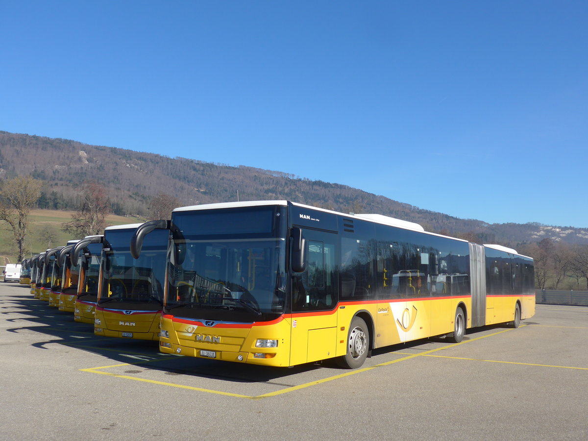 (201'583) - CarPostal Ouest - JU 36'038 - MAN am 16. Februar 2019 in Develier, Parkplatz