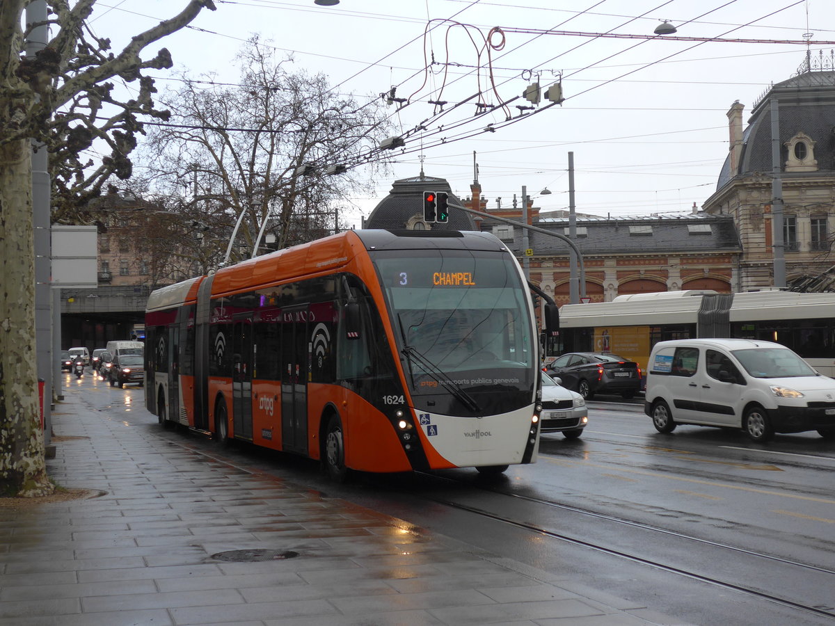 (202'250) - TPG Genve - Nr. 1624 - Van Hool Gelenktrolleybus am 11. Mrz 2019 in Genve, Place des Vingt-Deux-Cantons