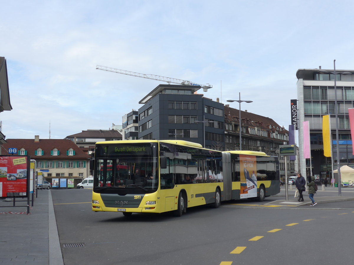 (202'371) - STI Thun - Nr. 141/BE 801'141 - MAN am 12. Mrz 2019 beim Bahnhof Thun