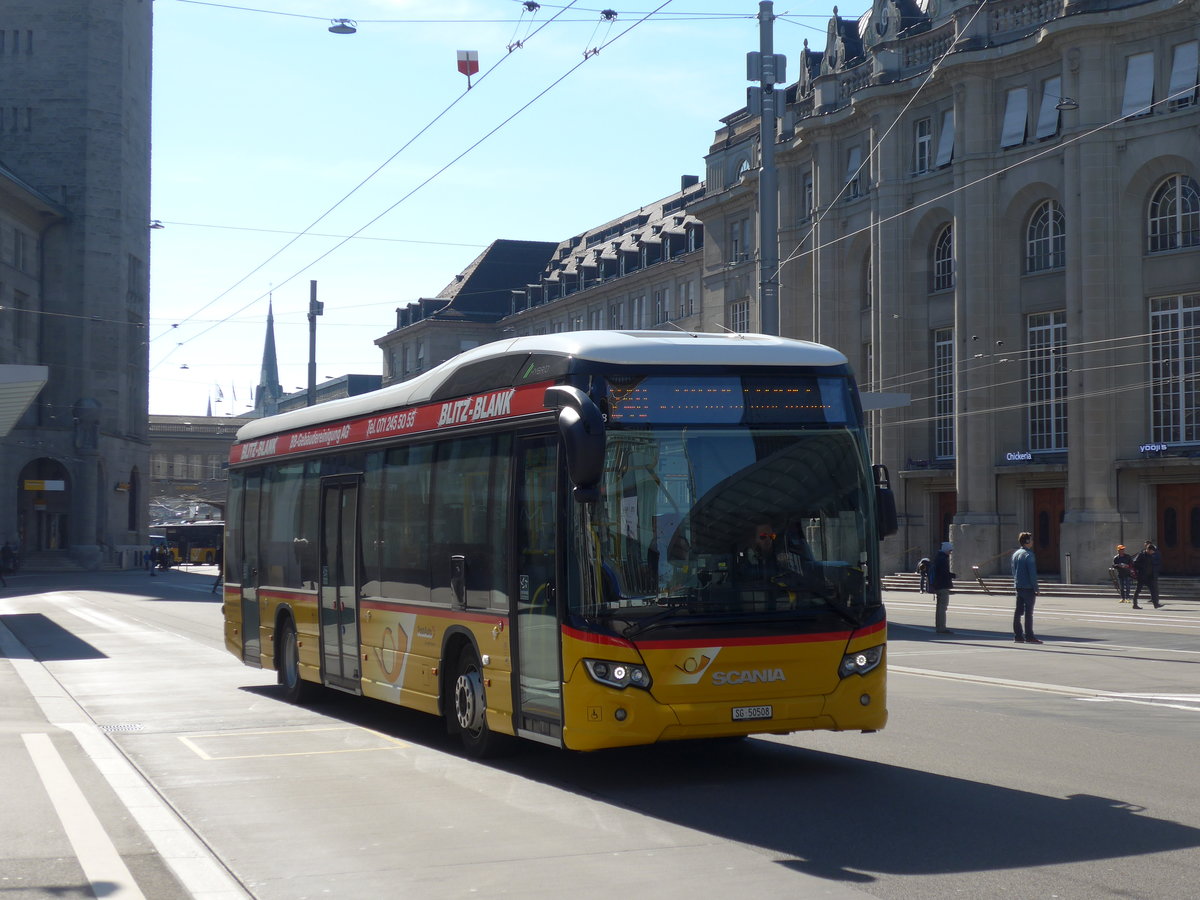 (202'736) - Schwizer, Goldach - SG 50'508 - Scania am 21. Mrz 2019 beim Bahnhof St. Gallen