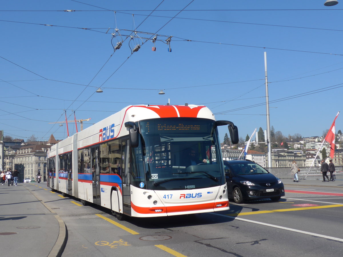 (203'019) - VBL Luzern - Nr. 417 - Hess/Hess Doppelgelenktrolleybus am 23. Mrz 2019 in Luzern, Bahnhofbrcke