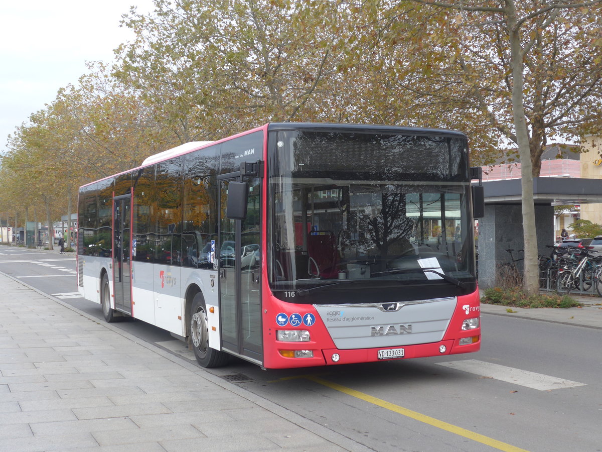 (210'912) - TRAVYS Yverdon - Nr. 116/VD 133'031 - MAN am 9. November 2019 beim Bahnhof Yverdon