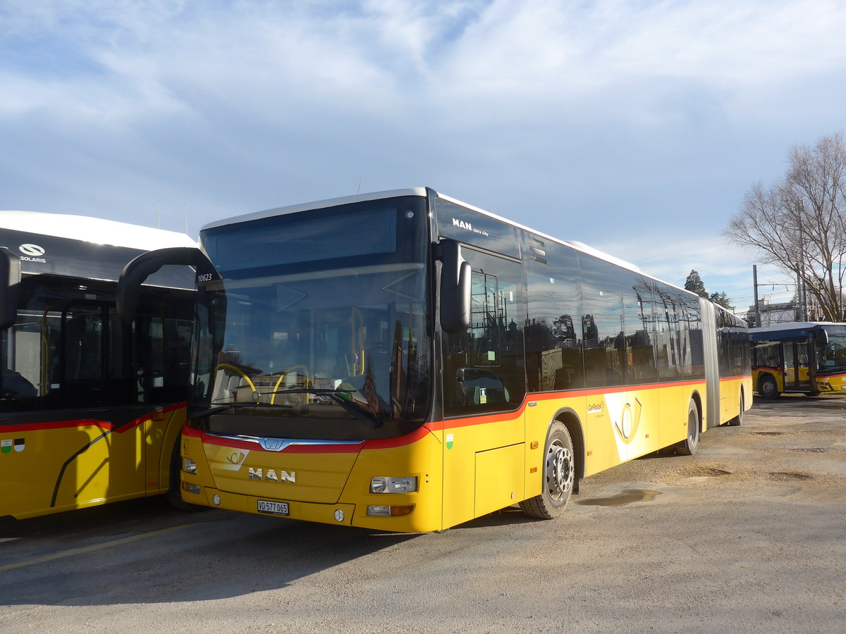 (214'350) - CarPostal Ouest - VD 577'065 - MAN am 16. Februar 2020 in Yverdon, Garage