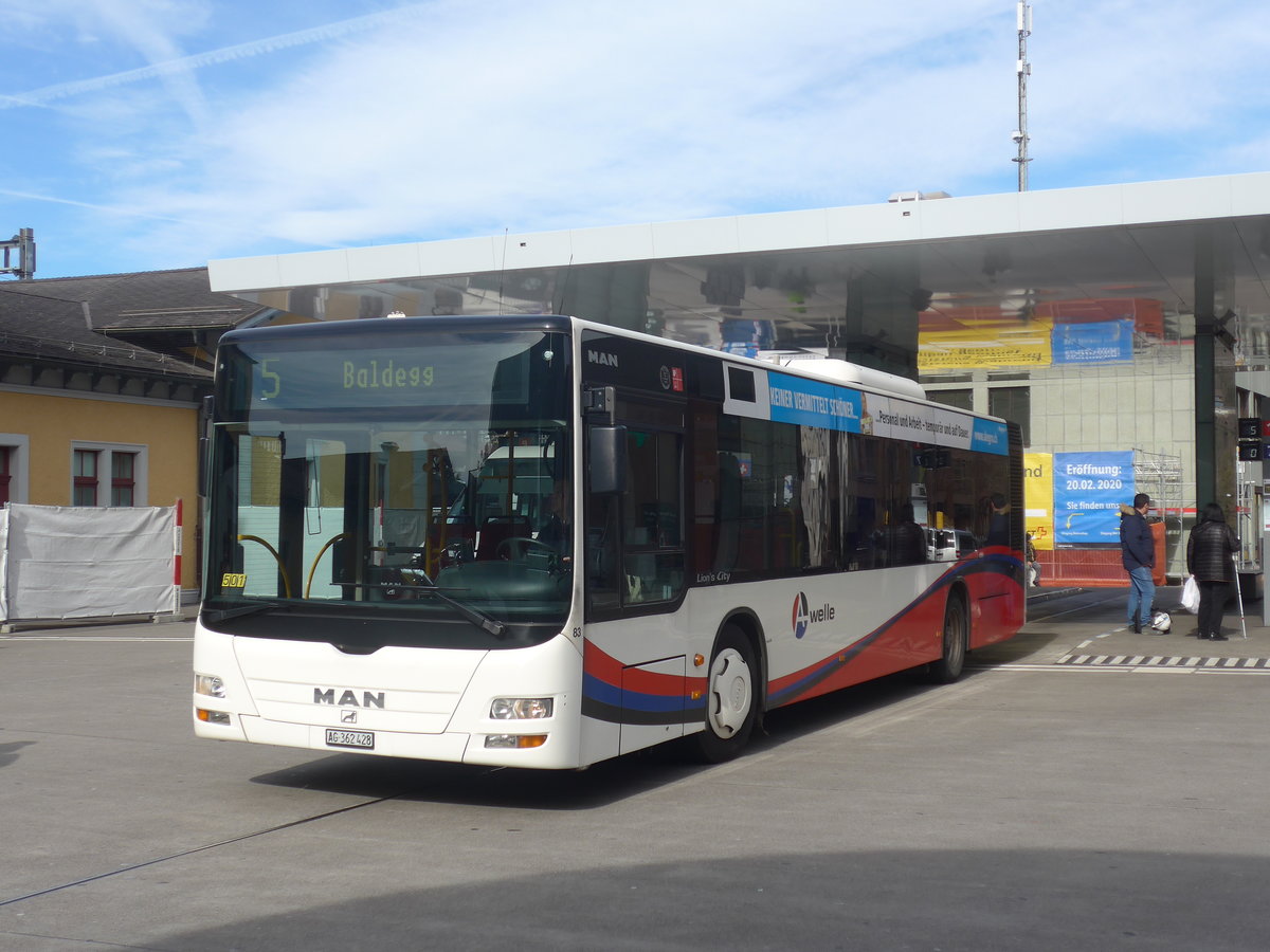 (214'652) - RVBW Wettingen - Nr. 83/AG 362'428 - MAN am 20. Februar 2020 beim Bahnhof Baden