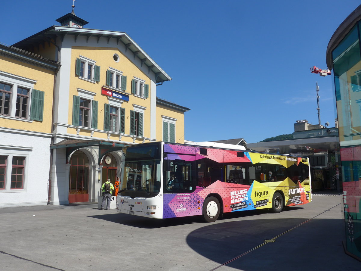 (217'368) - RVBW Wettingen - Nr. 93/AG 249'790 - MAN/Gppel am 30. Mai 2020 beim Bahnhof Baden