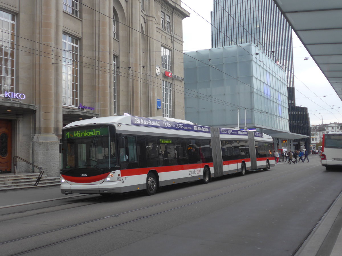 (222'348) - St. Gallerbus, St. Gallen - Nr. 188 - Hess/Hess Doppelgelenktrolleybus am 21. Oktober 2020 beim Bahnhof St. Gallen