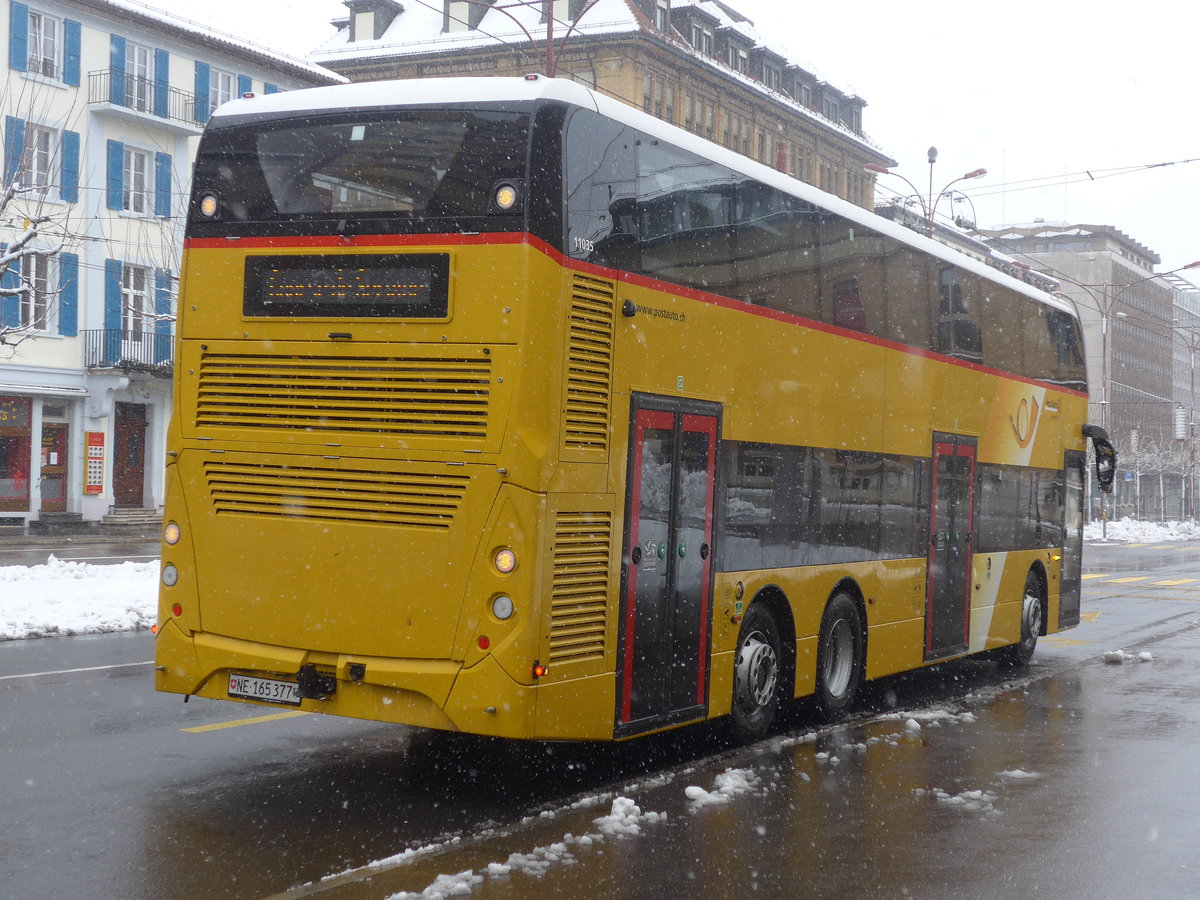 (224'172) - PostAuto Ostschweiz - NE 165'377 - Alexander Dennis (ex SG 445'308) am 14. Mrz 2021 beim Bahnhof La Chaux-de-Fonds (Einsatz CarPostal)