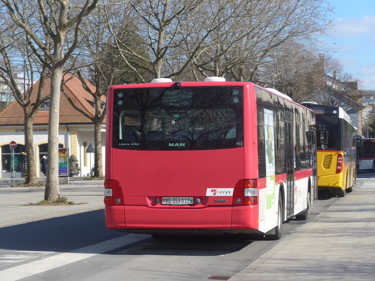 (224'319) - TRAVYS Yverdon - Nr. 113/VD 559'012 - MAN am 20. Mrz 2021 beim Bahnhof Yverdon