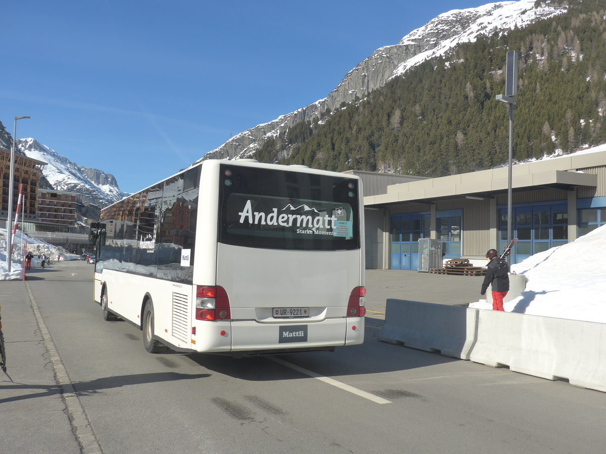 (224'539) - Mattli, Wassen - UR 9221 - MAN/Gppel (ex Lengacher, Wichtrach Nr. 6) am 28. Mrz 2021 in Andermatt, Bahnhofplatz