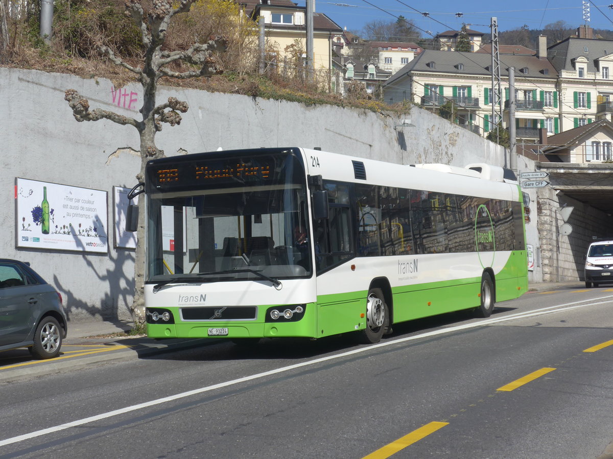 (224'571) - transN, La Chaux-de-Fonds - Nr. 214/NE 93'214 - Volvo (ex TN Neuchtel Nr. 214) am 29. Mrz 2021 in Neuchtel, Avenue de la Gare