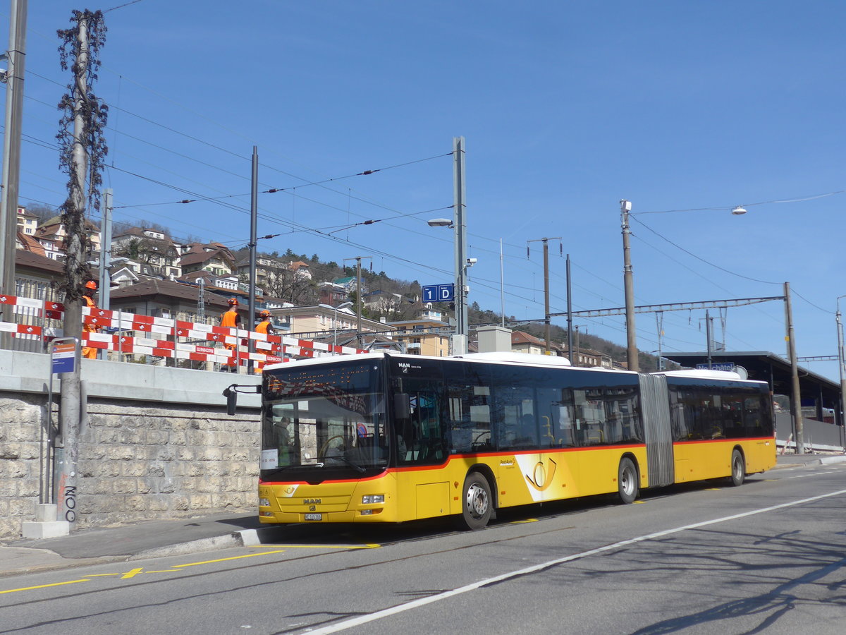 (224'603) - PostAuto Bern - Nr. 665/NE 165'366 - MAN (ex BE 656'302) am 29. Mrz 2021 beim Bahnhof Neuchtel (Einsatz CarPostal)