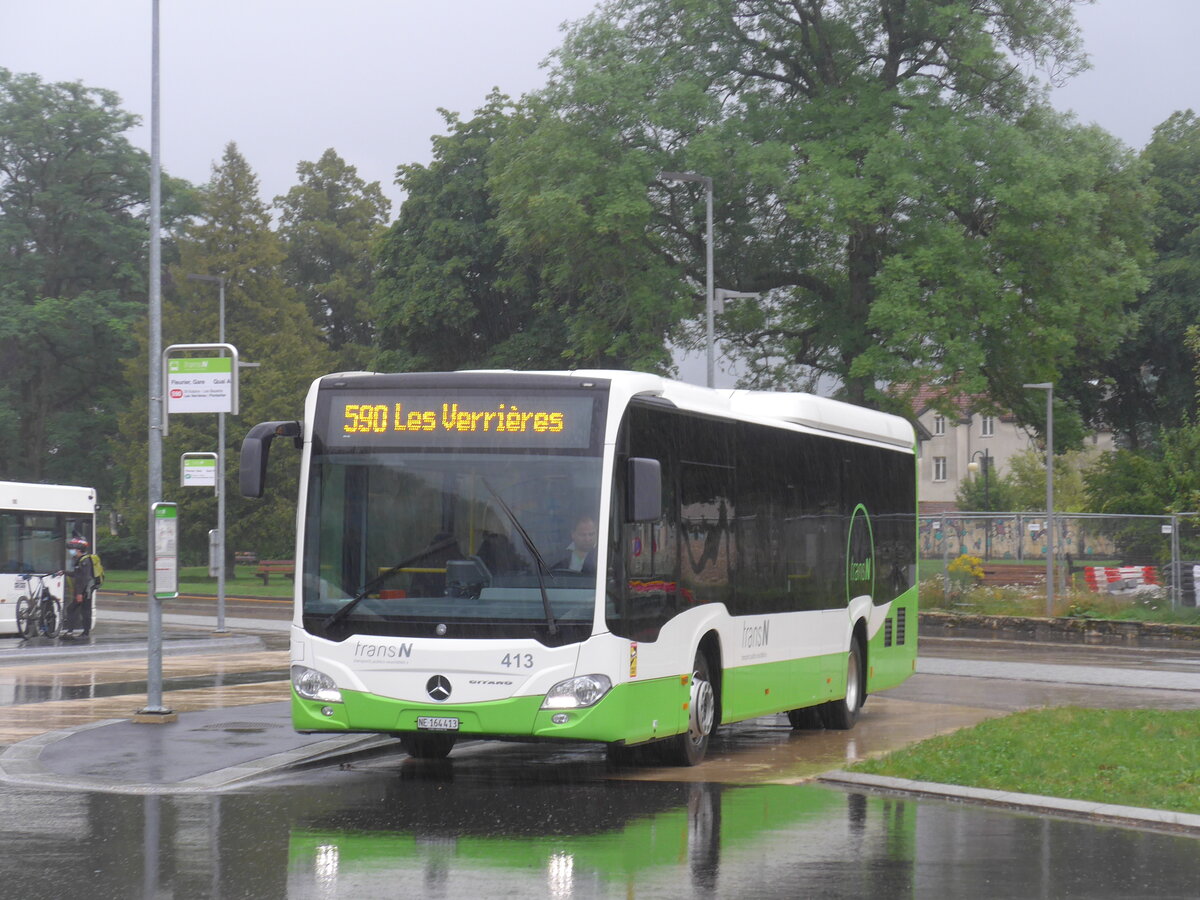 (226'837) - transN, La Chaux-de-Fonds - Nr. 413/NE 164'413 - Mercedes am 1. August 2021 beim Bahnhof Fleurier