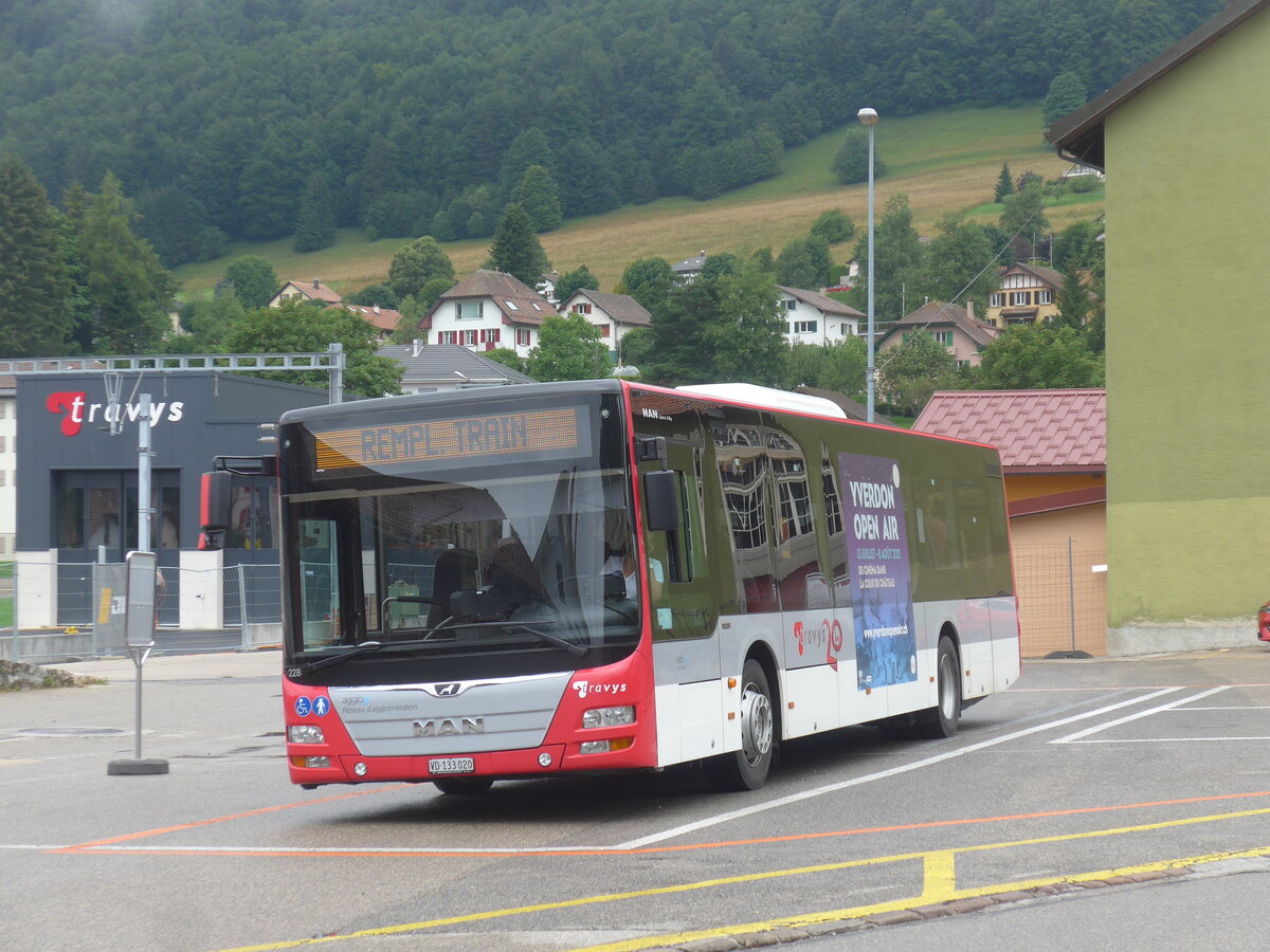 (226'863) - TRAVYS Yverdon - Nr. 228/VD 133'020 - MAN am 1. August 2021 beim Bahnhof Ste-Croix