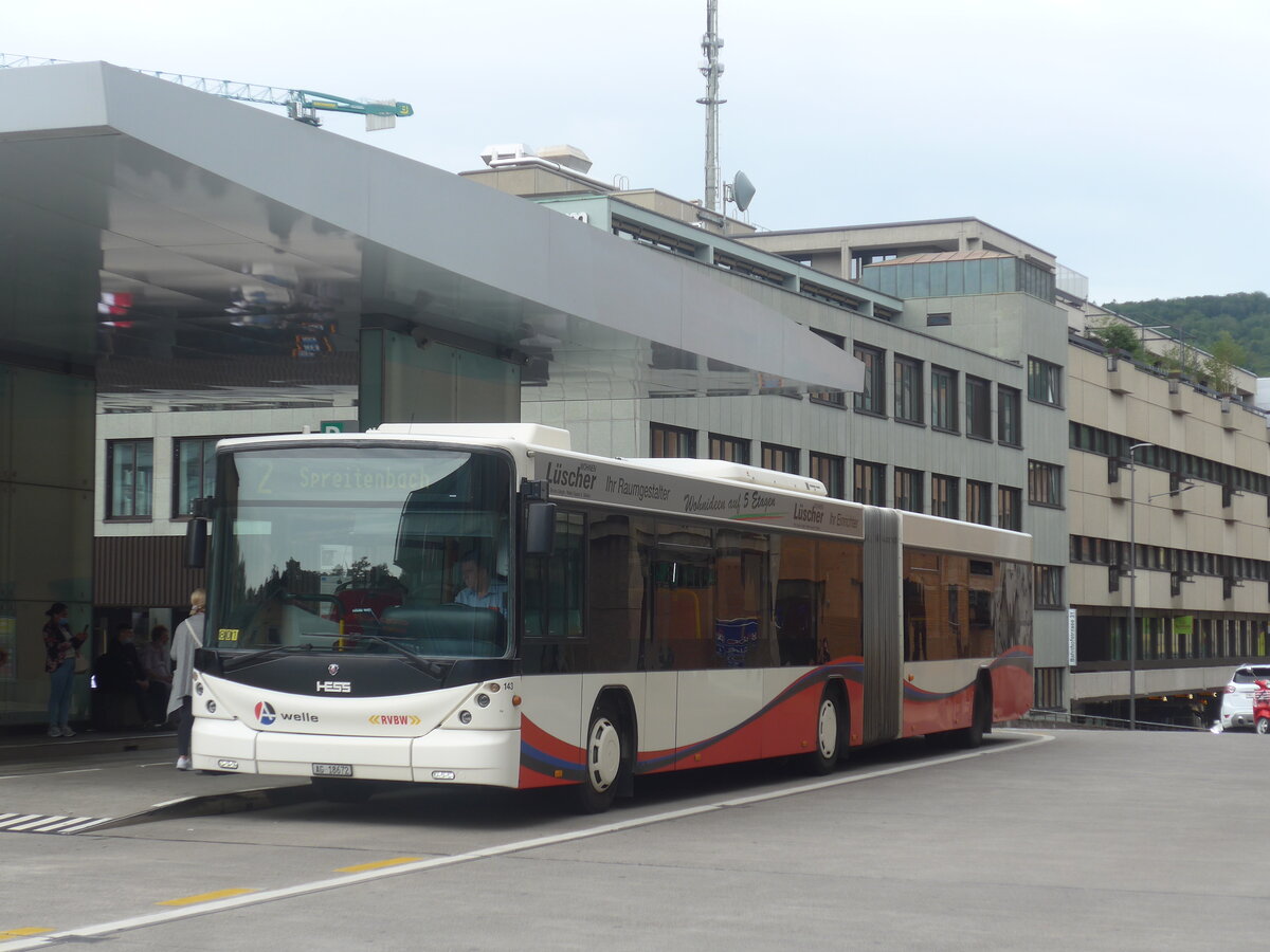 (227'225) - RVBW Wettingen - Nr. 143/AG 18'672 - Scania/Hess am 9. August 2021 beim Bahnhof Baden