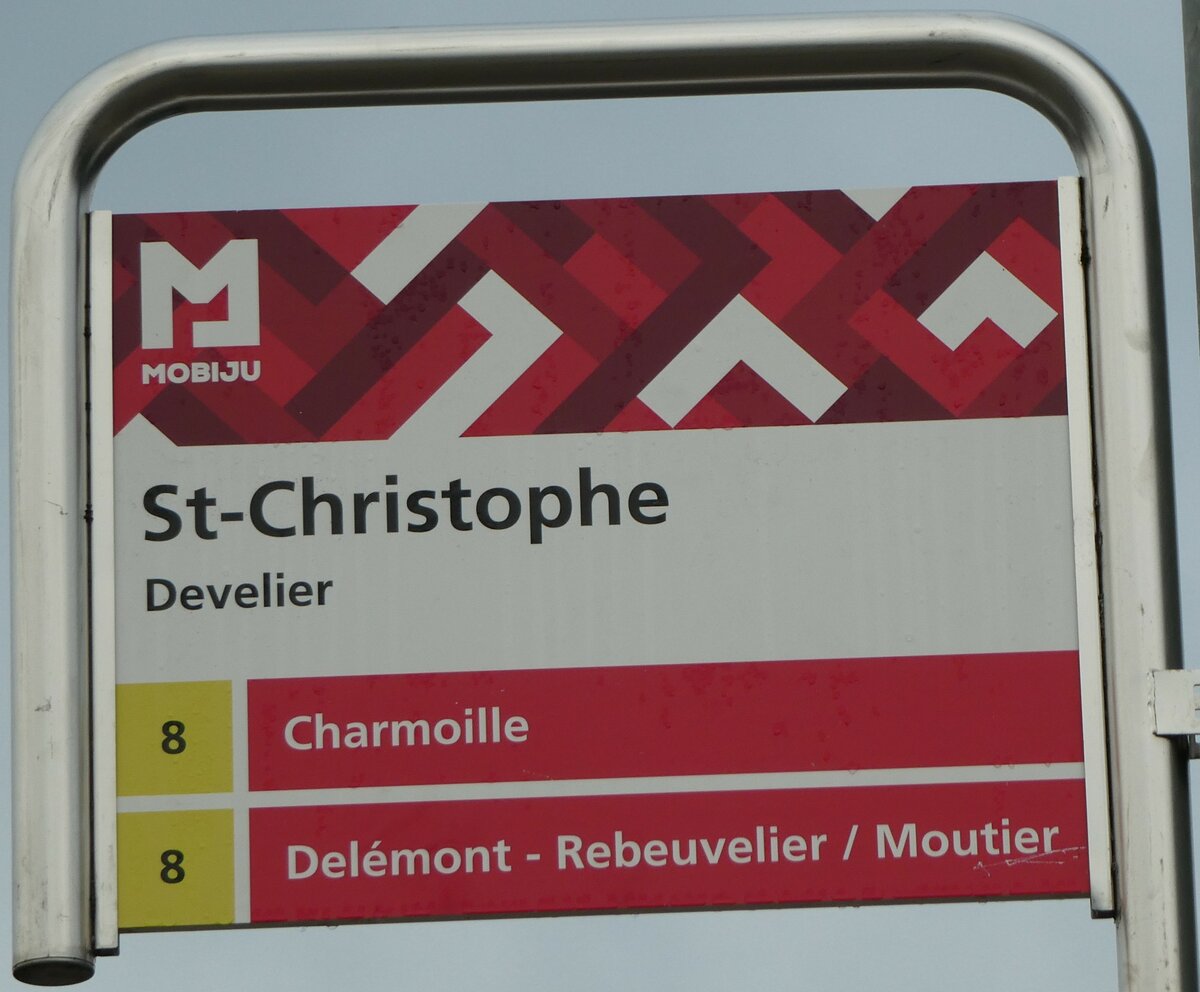 (230'593) - MOBIJU-Haltestellenschild - Develier, St-Christophe - am 13. November 2021