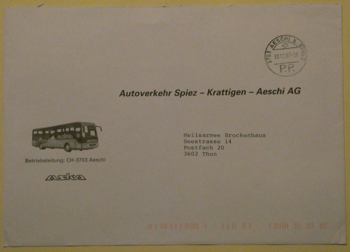 (233'065) - ASKA-Briefumschlag vom 19. Dezember 1997 am 22. Februar 2022 in Thun