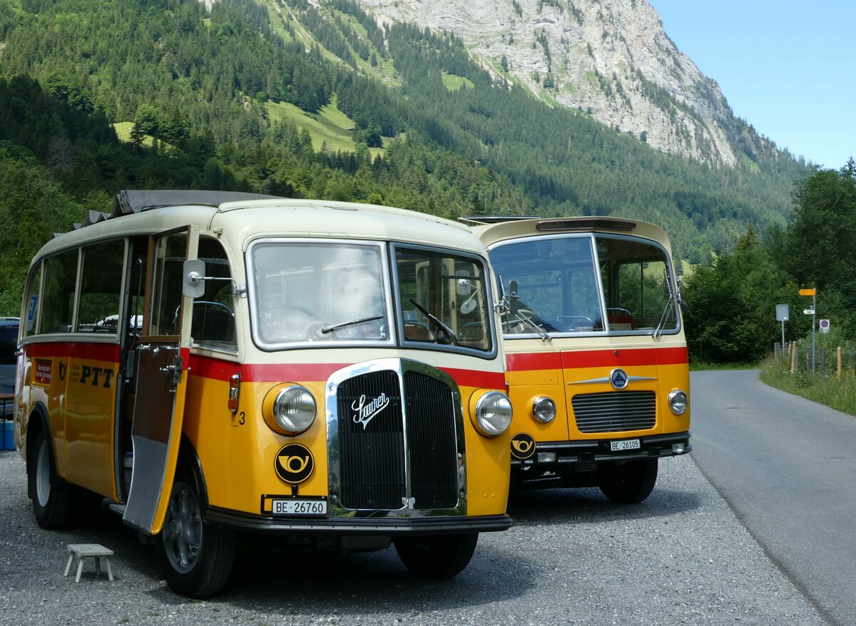 (237'611) - Schmid, Thrishaus - Nr. 3/BE 26'760 - Saurer/Gangloff (ex Geiger, Adelboden Nr. 3) am 26. Juni 2022 in Kiental, Tschingelsee