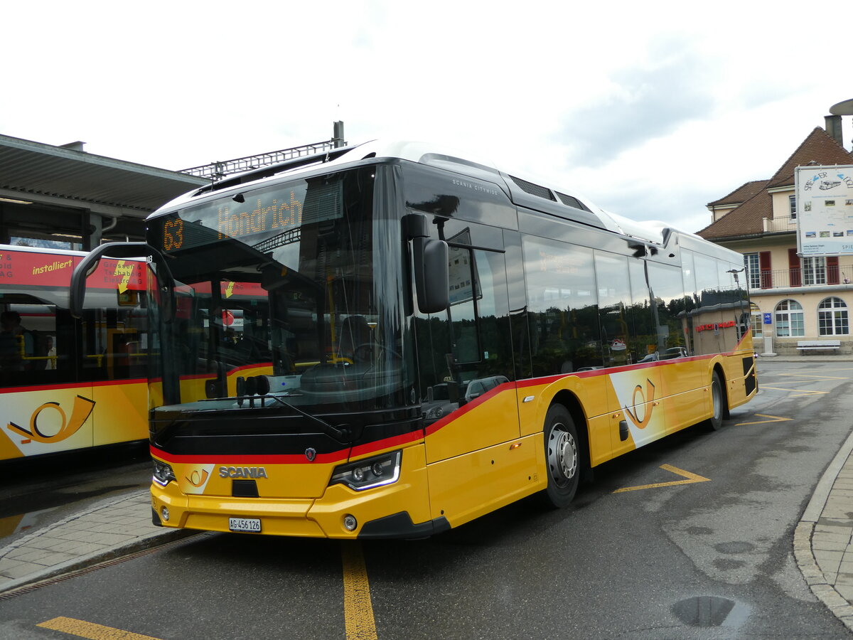 (238'549) - PostAuto Nordschweiz - AG 456'126 - Scania am 29. Juli 2022 beim Bahnhof Spiez