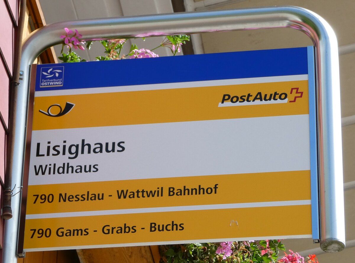 (239'125) - PostAuto-Haltestellenschild - Wildhaus, Lisighaus - am 20. April 2022