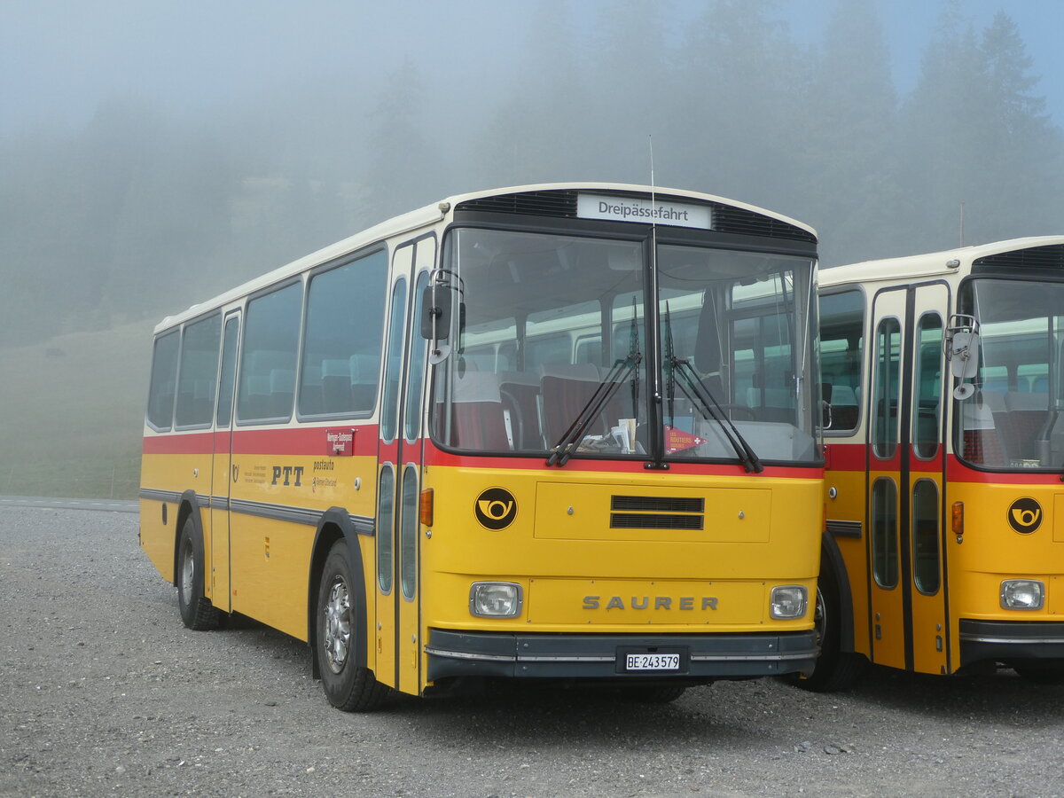 (239'773) - Krummenacher, Zillis - Nr. 74/BE 243'579 - Saurer/R&J (ex AVG Meiringen Nr. 74; ex PostAuto Berner Oberland; ex P 24'357) am 28. August 2022 in Stalden, Langis