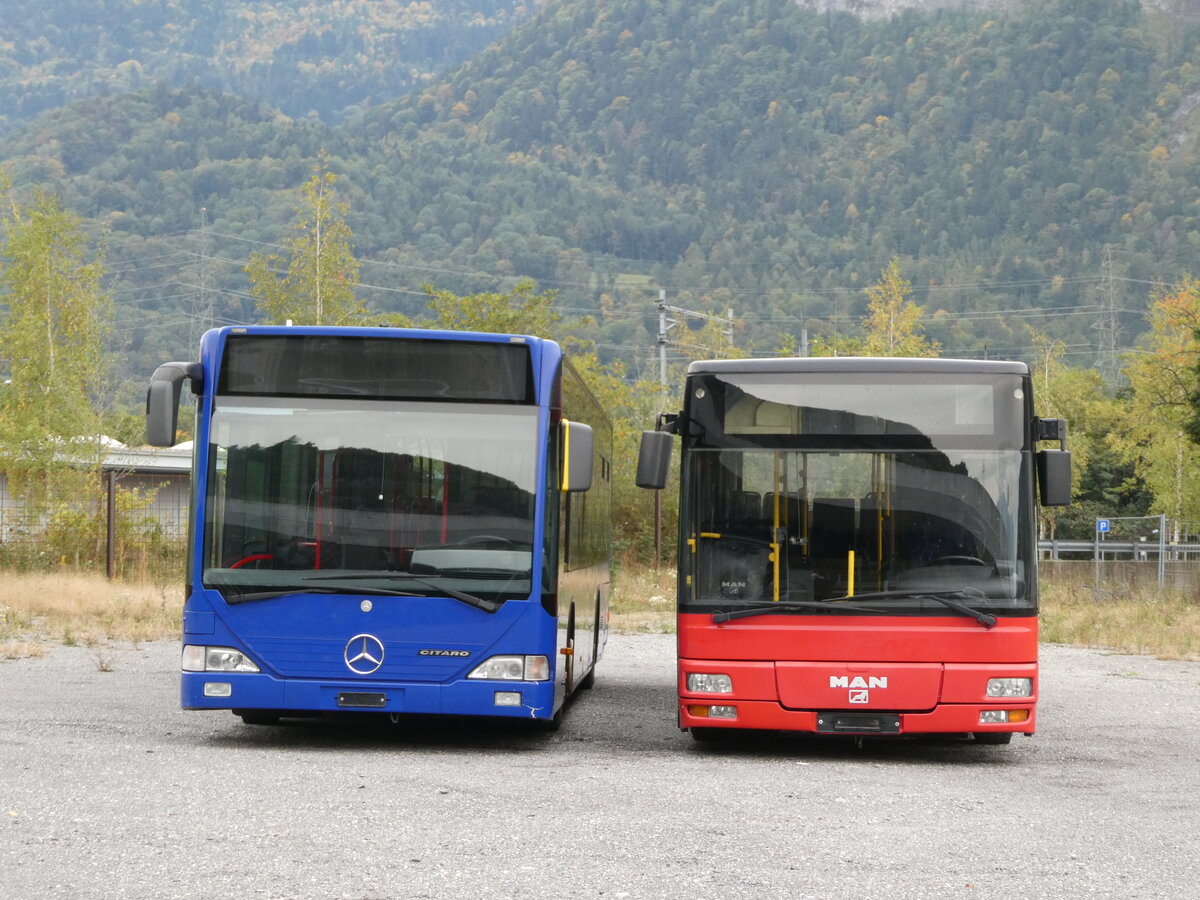 (240'649) - Lathion, Sion - Nr. 25 - Mercedes (ex VZO Grningen Nr. 14) + Nr. 19 - MAN/Gppel (ex AFA Adelboden Nr. 55) am 8. Oktober 2022 bei St-Maurice