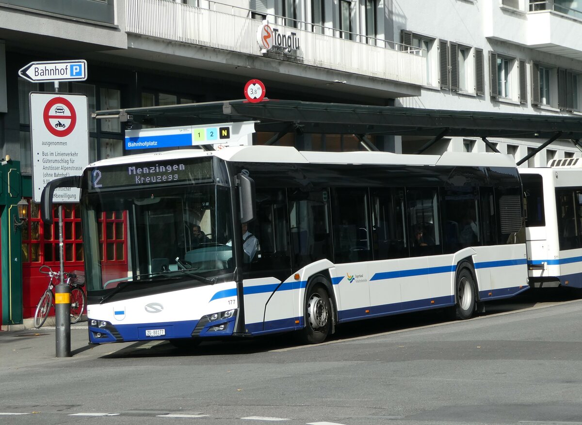 (242'023) - ZVB Zug - Nr. 177/ZG 88'177 - Solaris am 31. Oktober 2022 beim Bahnhof Zug